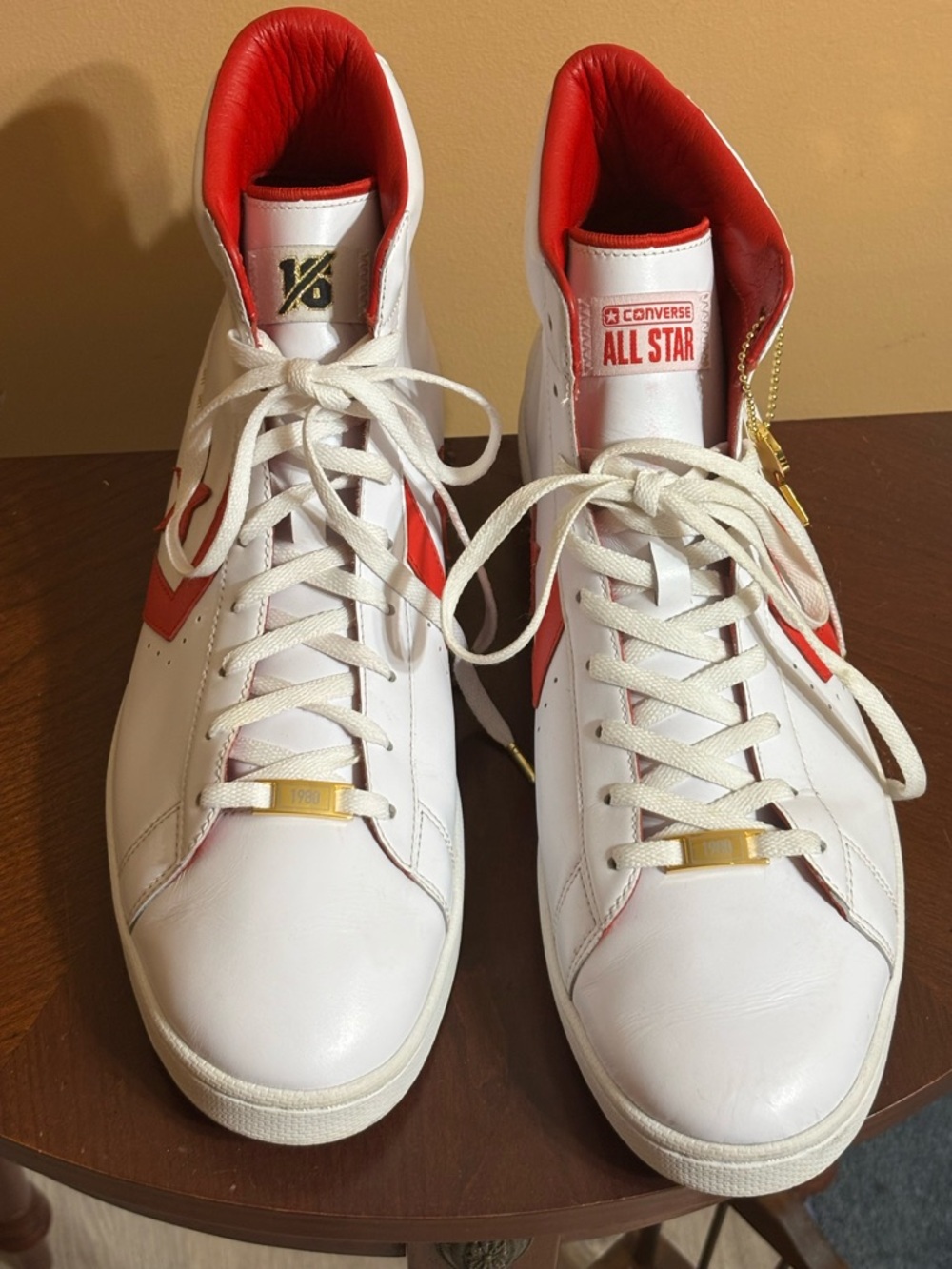 Converse White & Red High-Top Sneakers with Gold Accents Unisex Women 14.5